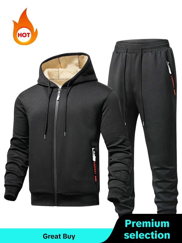 Men's Solid Zip Up Hoodie & Drawstring Waist Sweatpants Two-piece Set, Casual Regular Fit Long Sleeve Hooded Sweatshirt & Jogger Pants for Fall & Winter, Men's Two-piece Outfits for Daily Wear