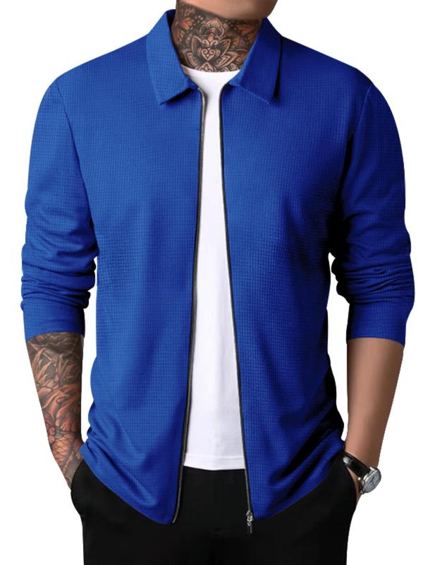 Men's Solid Color Zip Up Waffle Jacket, Regular Fit Casual Long Sleeve Collared Outerwear for Spring & Fall, Fashion Men's Clothes for Daily Wear