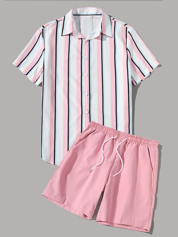 Two-Piece Set Men's Striped Pocket Shorts Set, Fashion Streetwear Button Down Shirt & Drawstring Shorts, Summer Clothes, Street Trendy Men Clothes Set, Men's Clothing