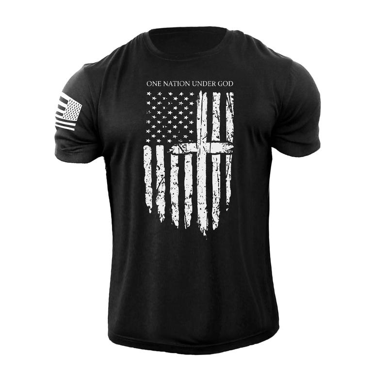 Men's One Nation Under God USA Flag T-shirt American Patriotic 100% Cotton Graphic Tee Casual Crewneck Fabric Menswear