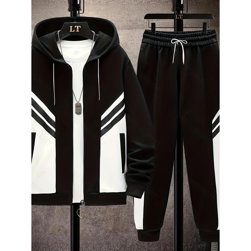 Casual Polyester Men's Hooded Tracksuit Set with Pocket Detail, Solid Color Long Sleeve Knit Fabric Outfit with Slight Stretch, Regular Fit Hoodie and Pants Set