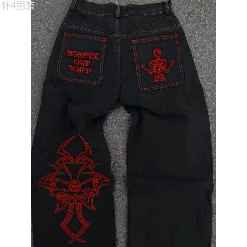 Men's Casual Skeleton Embroidery Halloween Y2k Street Style Denim Jeans Menswear Polyester Trouser Streetwear