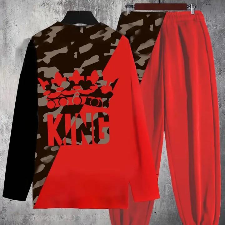 KING Crown Print Men's Color Block Sweatshirt and Sweatpants Set for Autumn Winter - Menswear, Customized unisex hoodie