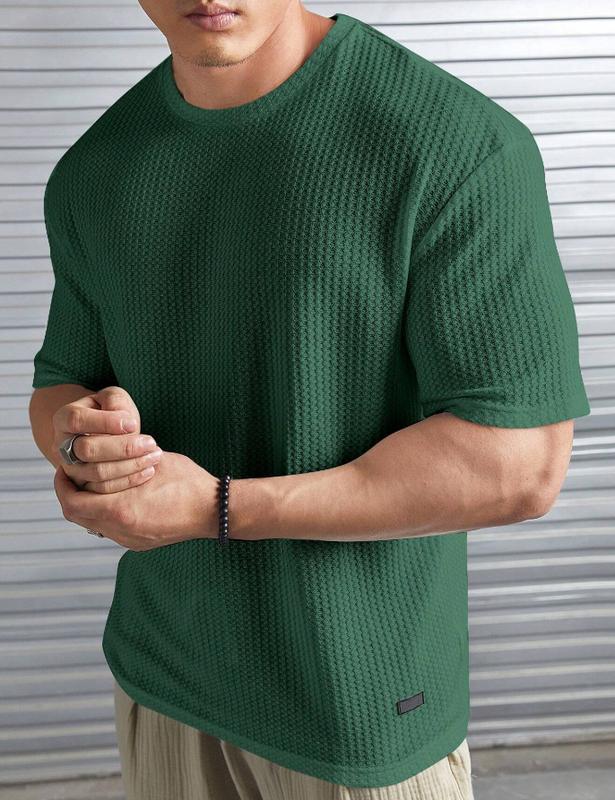 Men Casual Solid Letter Patched Waffle Knit Tee Fabric Menswear Stylish Tops