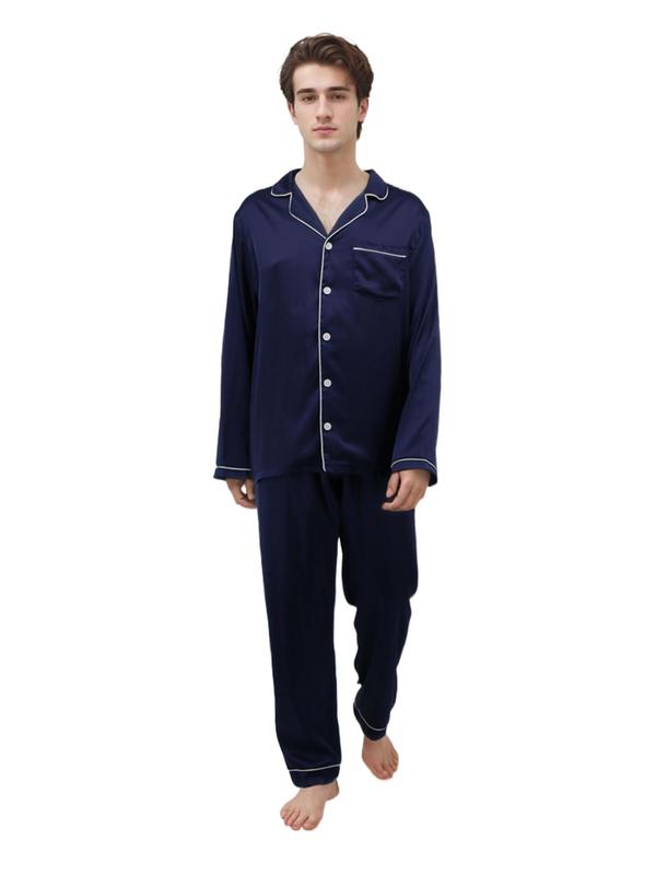 Two-Piece Set Men's Contrast Binding Satin Pyjama Set, Regular Fit Casual Button Front Sleep Shirt & Elastic Waist PJ Pants, Comfortable Sleepwear Set for Men