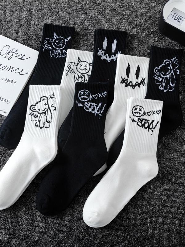 Men's Cartoon Graphic Print Crew Socks, Casual Soft Comfy Breathable Socks for All Seasons Daily Wear, Mens Socks