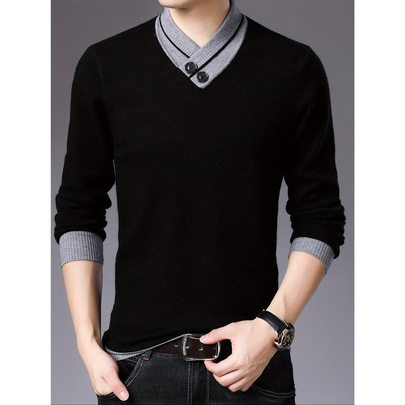 All Match Knitted Slim Sweater, Men's Casual Warm Slightly Stretch Shawl Collar Pullover Sweater For Men Fall Winter Fabric Knitwear