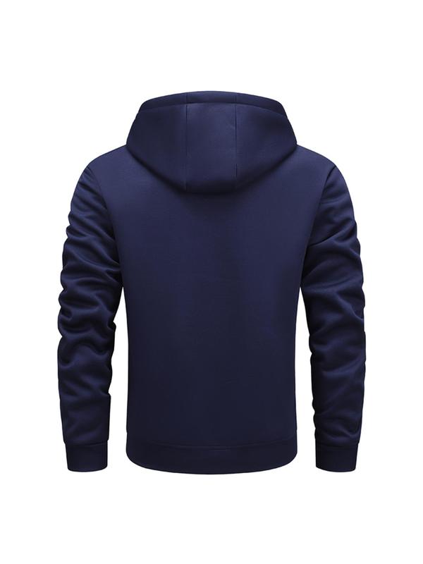 Men's Regular Fit Solid Pocket Drawstring Fleece Jacket, Casual Long Sleeve Hooded Outerwear for Winter, Men's Clothes for Daily Wear