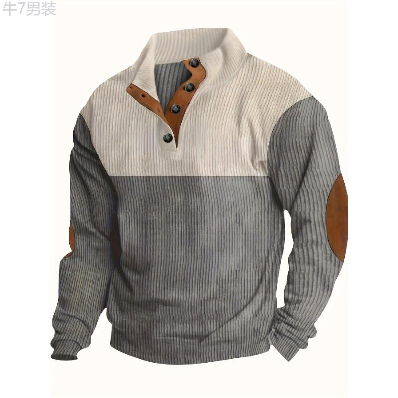 Long Sleeve Men's Henley Shirt with Contrast Color, Patchwork Pieces, and Stand Collar for Chic and Trendy Spring and Autumn Outdoors Leisurewear Casual Fabric Menswear Stretch