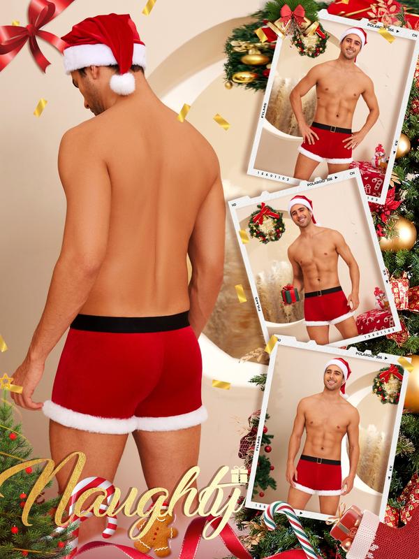 RSLOVE Mens Christmas Lingerie Set - Santa Boxer Gifts Men Red Briefs Holiday Shorts Costume Underwear Outfits 2PCS With Hat Menswear Clothing