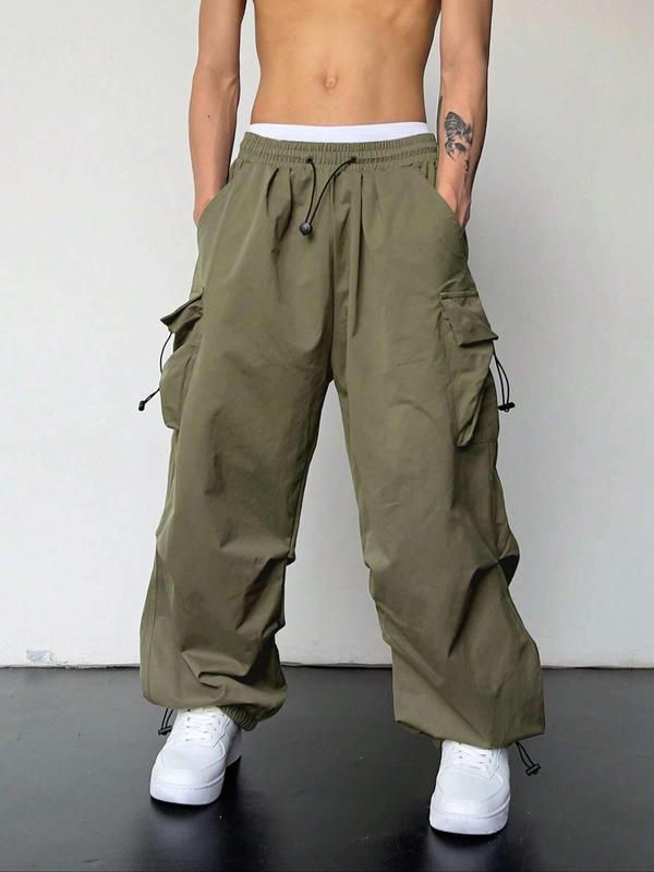 Men's Solid Flap Pocket Drawstring Waist Cargo Pants, Street Fashion Casual Loose Trousers for Daily Wear, Men's Bottoms for All Seasons, 2000s Pants, Mens Pants, Vintage Clothing