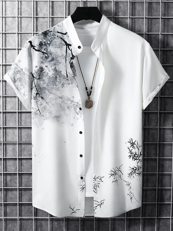 Men's Regular Fit Leaf & Floral Print Button Front Shirt, Summer Clothes, Summer Outfits, School Tops, Casual Comfy Streetwear Short Sleeve Stand Collar Top for Spring & Summer, Shirts for Men, Fashion Men's Clothes for Daily Wear