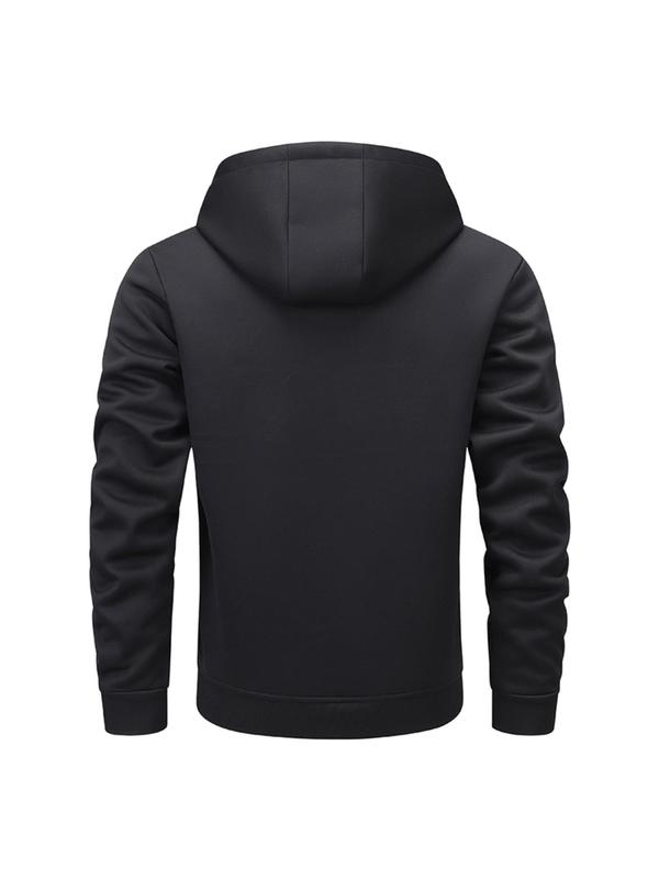 Men's Regular Fit Solid Pocket Drawstring Fleece Jacket, Casual Long Sleeve Hooded Outerwear for Winter, Men's Clothes for Daily Wear