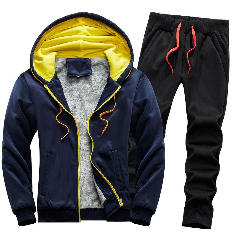 Season Men's Casual Sportswear Couple Fleece-Lined Thick Sweater Set Men's Youth Student Outdoor Running Suit