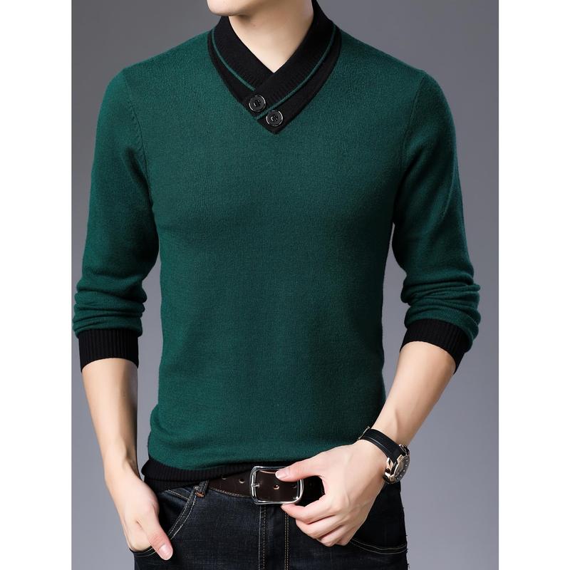 All Match Knitted Slim Sweater, Men's Casual Warm Slightly Stretch Shawl Collar Pullover Sweater For Men Fall Winter Fabric Knitwear