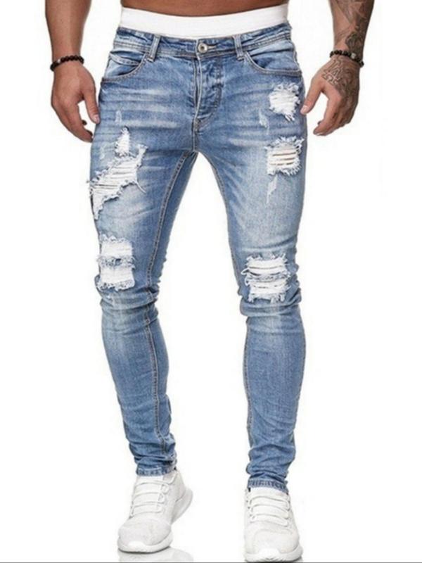 Men's Ripped Jeans, Casual Comfy   Pocket Skinny Jeans for Daily Wear, Fashion Men's Bottoms for All Seasons