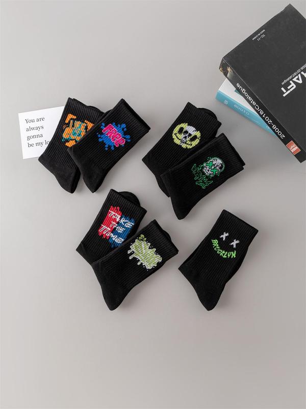 Men's 7 Pairs Stylish Cartoon & Letter Print Crew Socks, Casual Comfortable Breathable Socks for Daily Outdoor Wear, Mens Stocking Stuffers, Menswear, Couple Socks for All Seasons