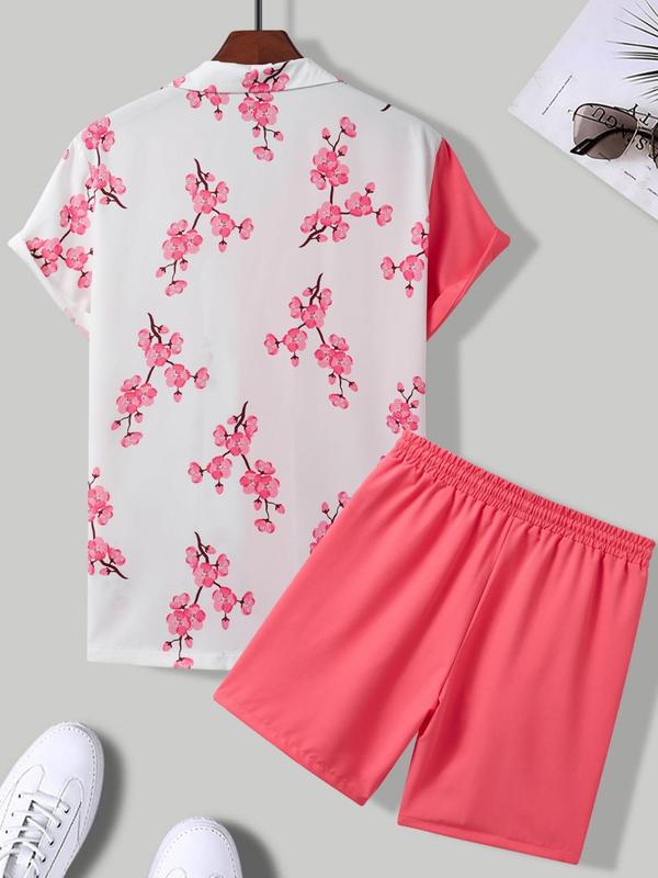 2 Counts Men's Colorblock Floral Print Button Front Shirt & Drawstring Waist Shorts Set, Regular Fit Casual Streetwear Collared Short Sleeve Top & Pocket Shorts, Men's Two-piece Outfits for Summer