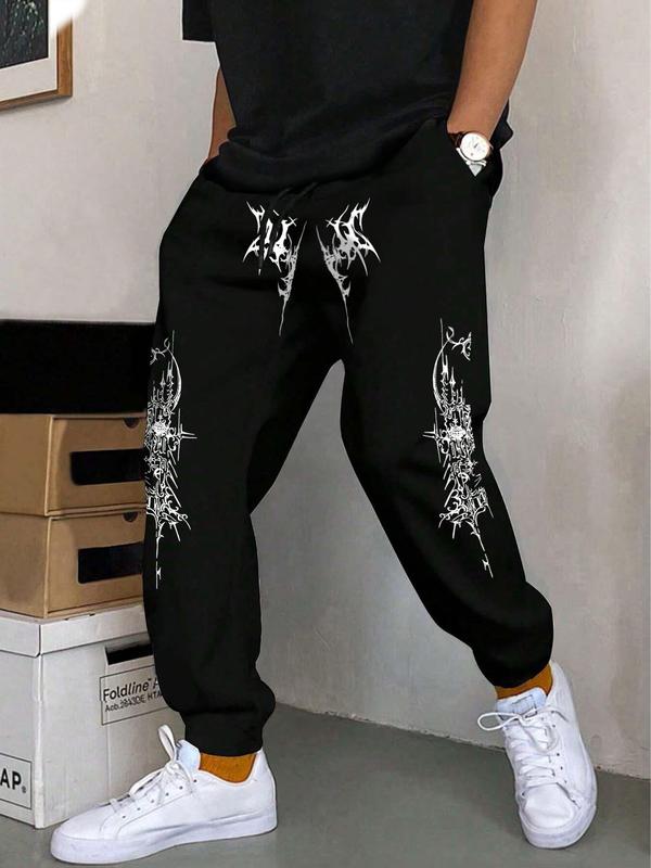 Men's Random Graphic Print Drawstring Waist Pants, Casual Street Regular Fit Pocket Sweatpants for Daily Wear, Fashion Men's Bottoms for All Seasons