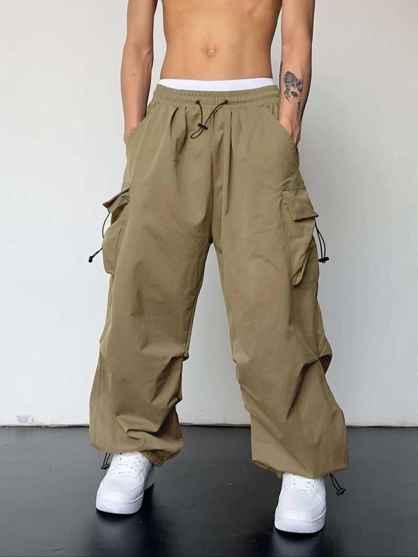 Men's Solid Flap Pocket Drawstring Waist Cargo Pants, Street Fashion Casual Loose Trousers for Daily Wear, Men's Bottoms for All Seasons, 2000s Pants, Mens Pants, Vintage Clothing