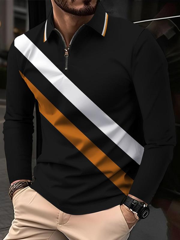 Men's Colorblock Zipper Polo Shirt, Regular Fit Casual Long Sleeve Top for Fall & Winter, Men's Clothes for Daily Wear