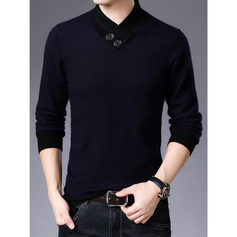 All Match Knitted Slim Sweater, Men's Casual Warm Slightly Stretch Shawl Collar Pullover Sweater For Men Fall Winter Fabric Knitwear