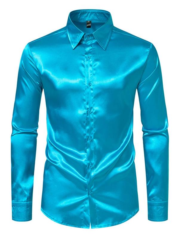 Men's Solid Button Front Satin Shirt, Regular Fit Long Sleeve Collared Top for Daily Wear, Casual Comfy Men's Clothes for All Seasons