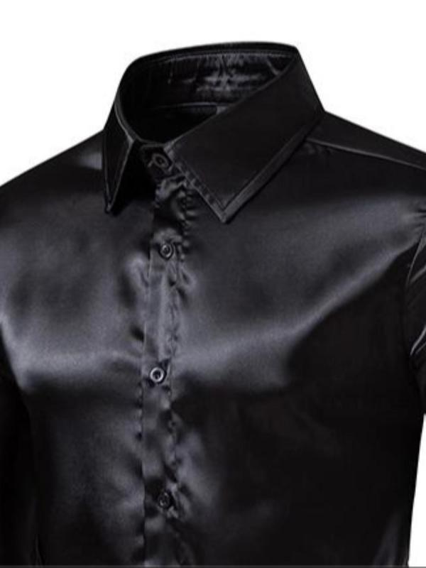 Men's Solid Button Front Satin Shirt, Regular Fit Long Sleeve Collared Top for Daily Wear, Casual Comfy Men's Clothes for All Seasons