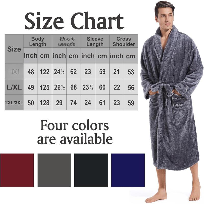 Mens Plush Fleece Robe, Cozy Warm Bathrobe Fuzzy Male  Long Robe With Pockets (DARK GREY)