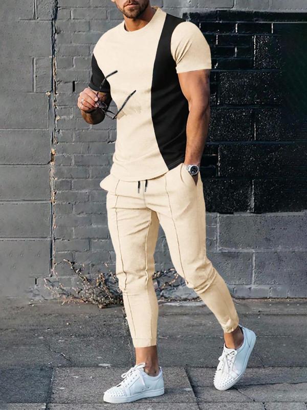 Two Pieces Men's Colorblock Patchwork Tee & Plain Sweatpants Set, Regular Fit Short Sleeve T-shirt & Drawstring Waist Pocket Jogger Pants, Back To School Outfits, Men's Summer Streetwear Outfits