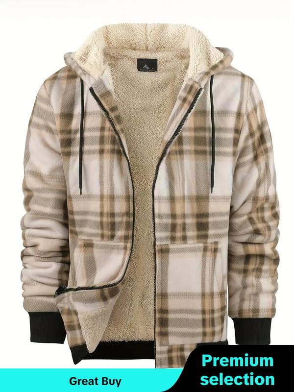 Men's Plaid Print Zip Up Drawstring Hooded Winter Jacket, Men's Designer Clothes, Winter Outfits 2024, Regular Fit Casual Thermal Lined Long Sleeve Pocket Outerwear for Fall & Winter, Men's Clothes for Daily Wear