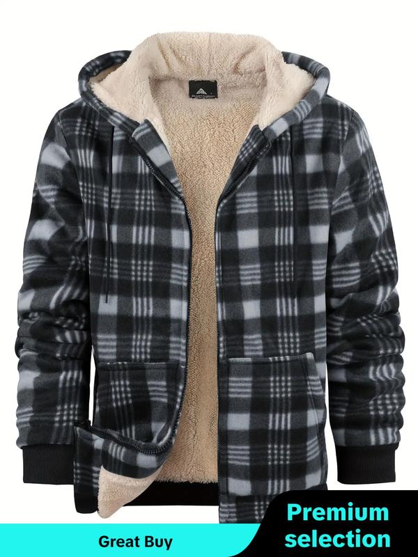 Men's Plaid Print Zip Up Drawstring Hooded Winter Jacket, Men's Designer Clothes, Winter Outfits 2024, Regular Fit Casual Thermal Lined Long Sleeve Pocket Outerwear for Fall & Winter, Men's Clothes for Daily Wear