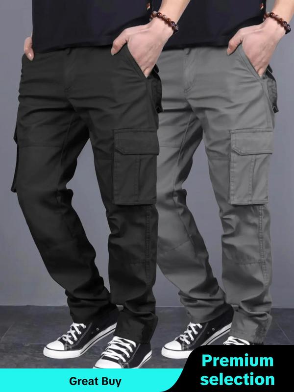 Men's Solid Color Flap Pocket Drawstring Waist Cargo Pants, Loose Casual Street Elastic Waist Straight Leg Trousers for Daily Wear, Menswear for All Seasons, Work Pants for Men, 2000s Pants