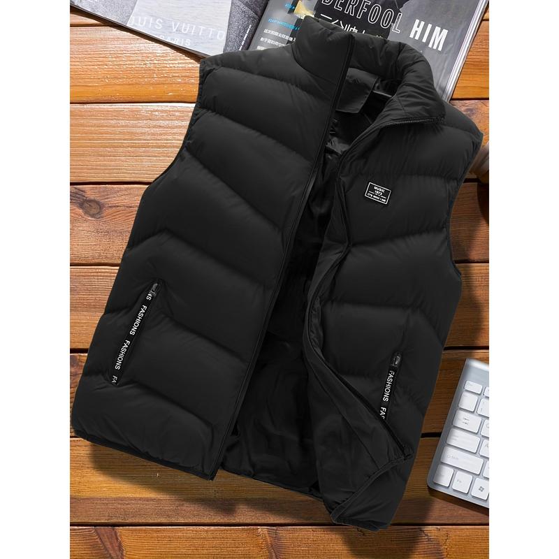 Stylish Men's Warm Polyester Vest - Casual Fall Winter Essential with Stand Collar, Zip Pockets