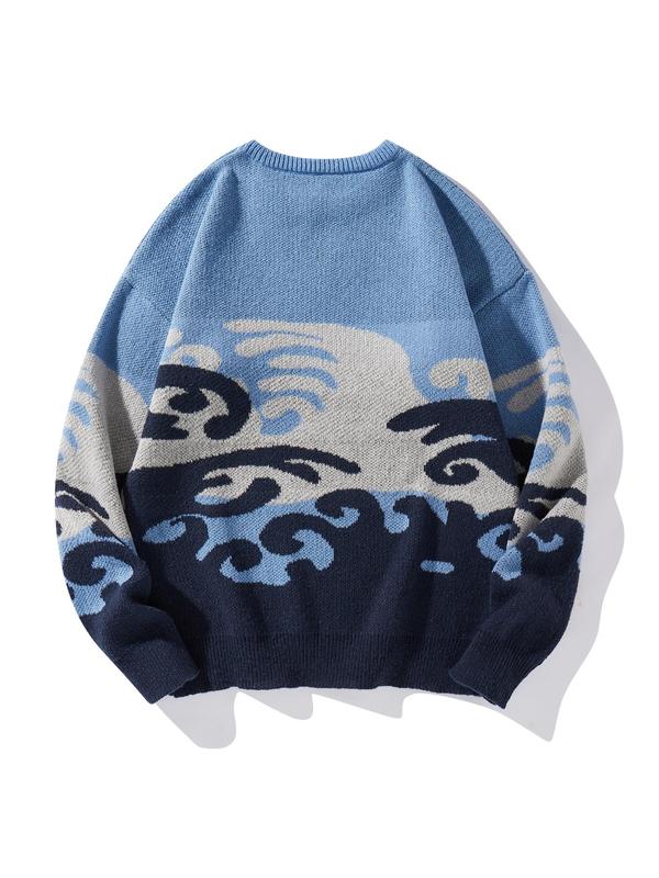 Men's Wave Print Round Neck Sweater, Regular Fit Casual Long Sleeve Jumper for Fall & Winter, Men's Knitwear for Daily Wear