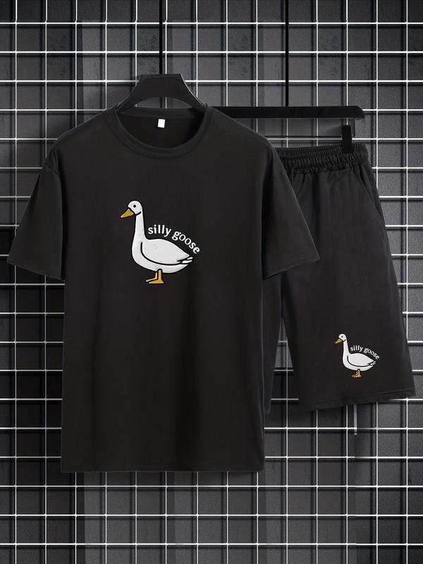 2 Counts Men's Cartoon Duck Letter Print Graphic Tee & Drawstring Waist Shorts Lounge Set, Regular Fit Trendy Round Neck Short Sleeve T-shirt & Pocket Shorts, Men 2 Piece Short Sets, Men's Streetwear Co-ord Set, Summer Outfits 2024