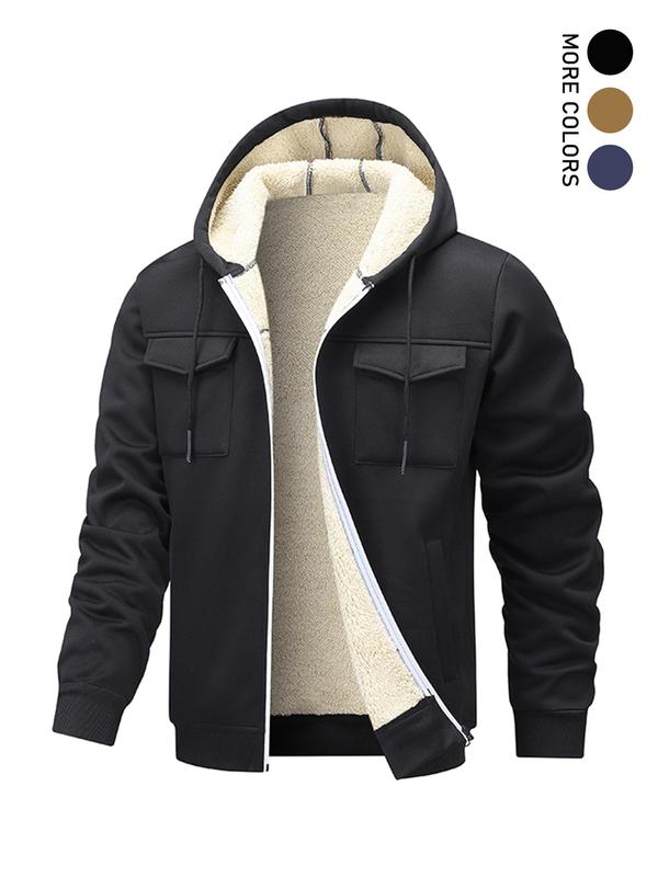 Men's Regular Fit Solid Pocket Drawstring Fleece Jacket, Casual Long Sleeve Hooded Outerwear for Winter, Men's Clothes for Daily Wear