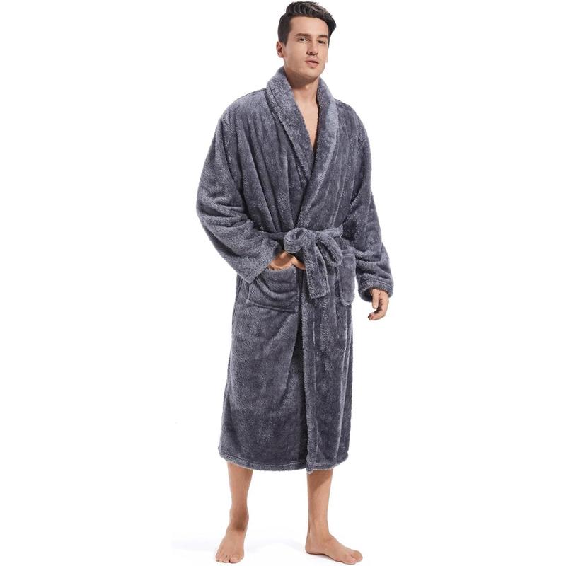 Mens Plush Fleece Robe, Cozy Warm Bathrobe Fuzzy Male  Long Robe With Pockets (DARK GREY)