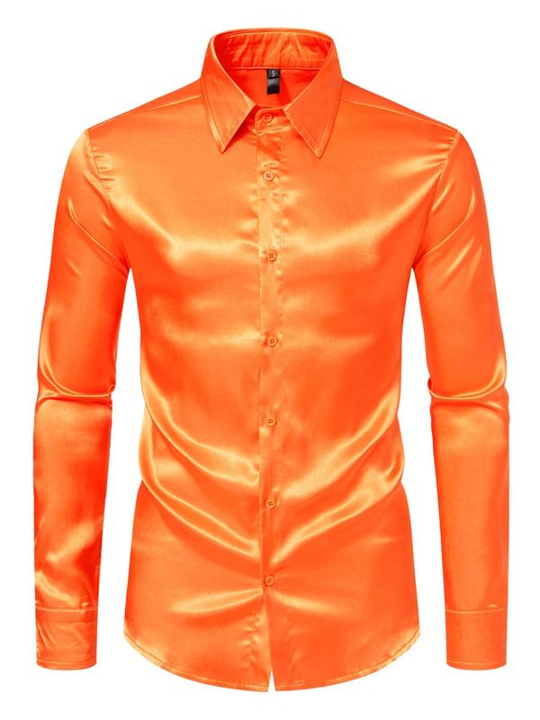 Men's Solid Button Front Satin Shirt, Regular Fit Long Sleeve Collared Top for Daily Wear, Casual Comfy Men's Clothes for All Seasons