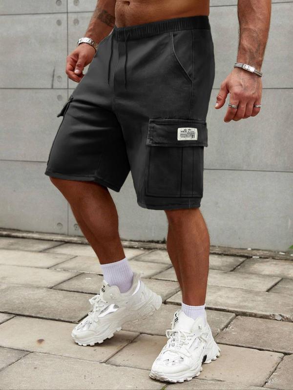 Men's Regular Fit Plain Patched Drawstring Waist Cargo Shorts, Casual Pocket Design Shorts for Summer, Fashion Men's Bottoms for Daily Wear