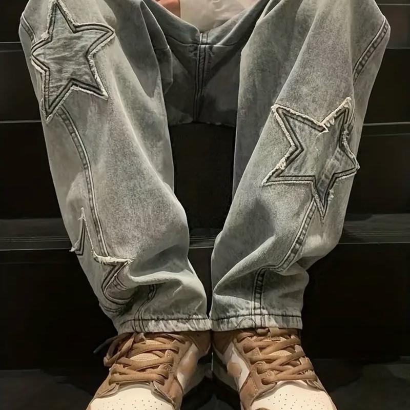 Men's Pants with Stars Design - Trendy Menswear Casual Denim Jeans Graphic Trouser Embroidery