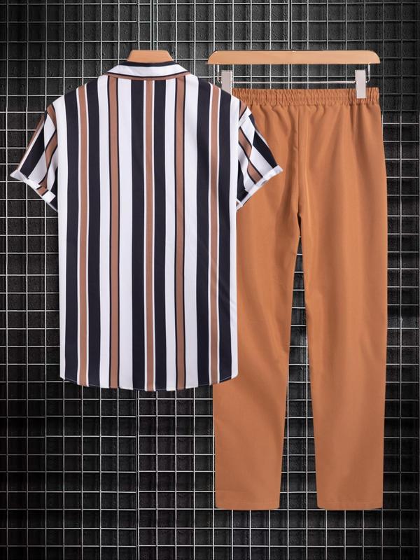 Two-piece Set Men's Summer Clothes, Loose Striped Print Shirt & Solid Color Pants, Button Front Collar Top & Drawstring Elastic Waist Bottoms, Men Outfits