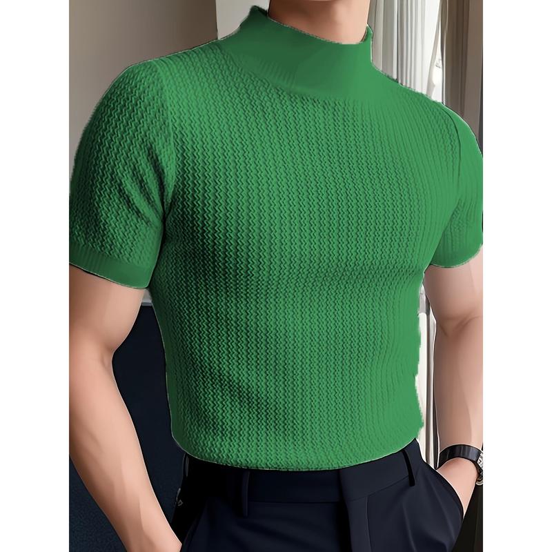 Mens Slim Fit High Neck Solid Color Short Sleeve Knit T-Shirt - Breathable Slight Stretch Fabric, Pullover Design, European-Inspired Casual Style - Perfect for Summer Daily Wear Knitwear Menswear Knitwear Menswear