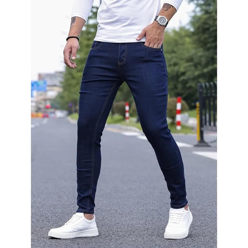 Men Jeans Stretch Skinny Denim Pants Solid Color Black Blue Autumn Summer Luxury Street Harajuku Hip-Hop Style Slim Fit Trousers