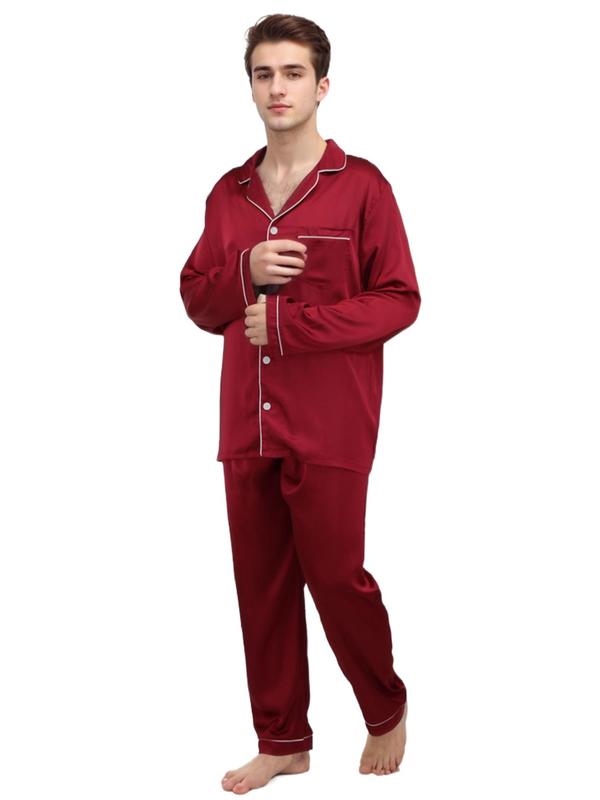 Two-Piece Set Men's Contrast Binding Satin Pyjama Set, Regular Fit Casual Button Front Sleep Shirt & Elastic Waist PJ Pants, Comfortable Sleepwear Set for Men