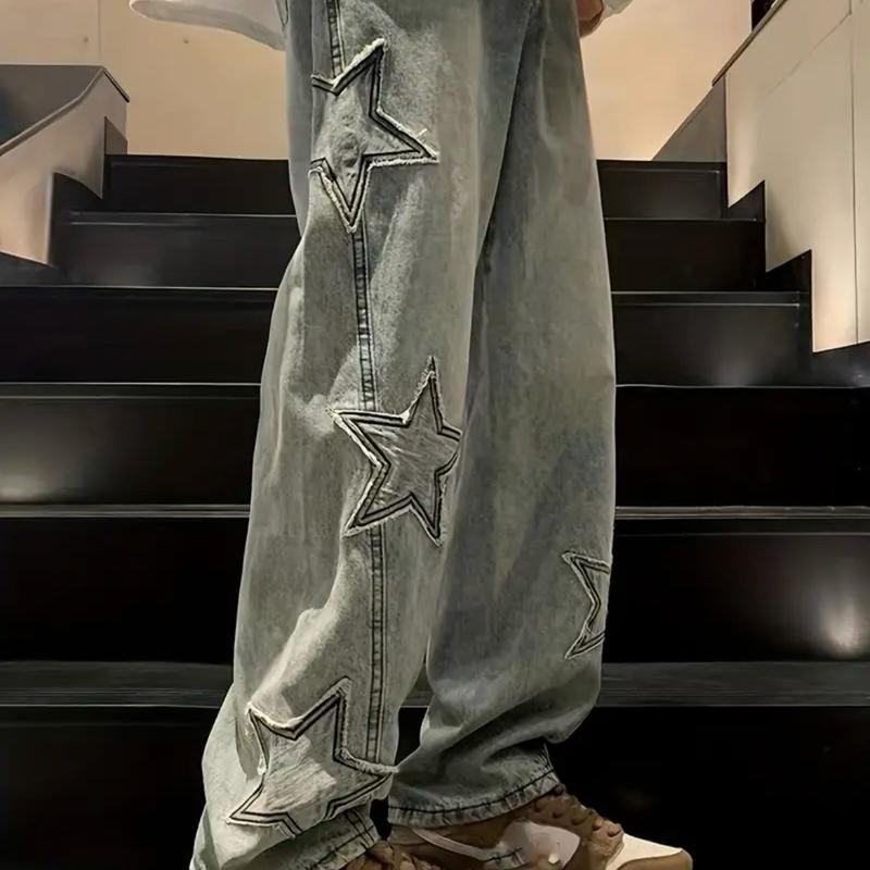 Men's Pants with Stars Design - Trendy Menswear Casual Denim Jeans Graphic Trouser Embroidery