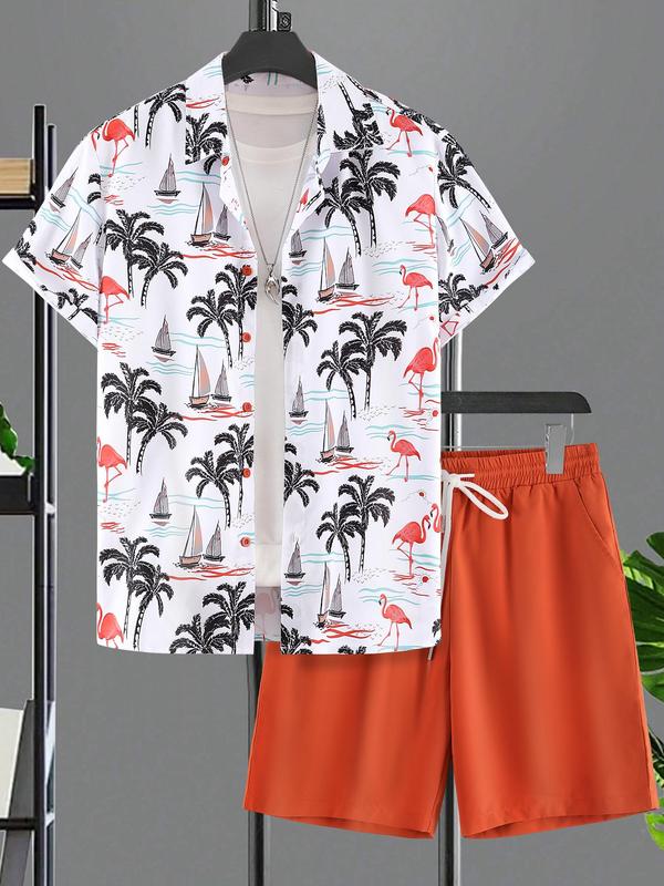 Men's Tropical Print Button Front Two-piece Set, Beach Outfits, Men's 2 Piece Short Set, Men's Designer Outfits Set, Regular Fit Short Sleeve Shirt & Drawstring Pocket Shorts, Men's Outfits for Summer Beach Vacation, Menswear