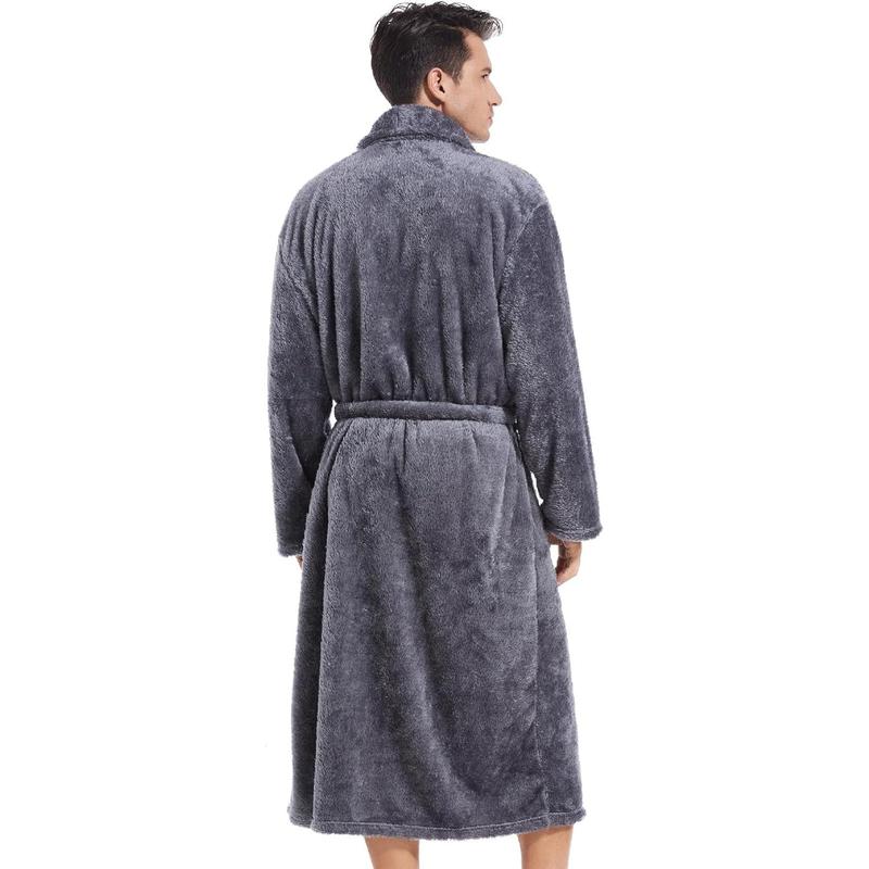 Mens Plush Fleece Robe, Cozy Warm Bathrobe Fuzzy Male  Long Robe With Pockets (DARK GREY)