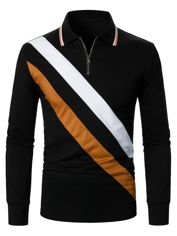 Men's Colorblock Zipper Polo Shirt, Regular Fit Casual Long Sleeve Top for Fall & Winter, Men's Clothes for Daily Wear