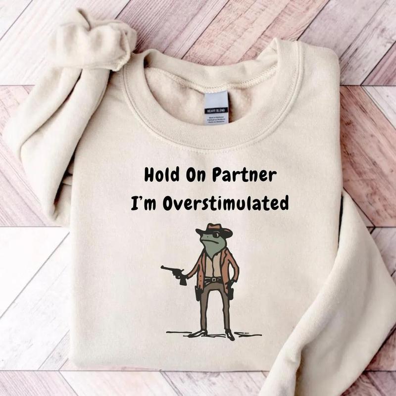 Hold On Partner Im Overstimulated Sweatshirt, Cowboy Frog Sweatshirt, Gen Z Funny Meme Sweatshirt for Men and Women